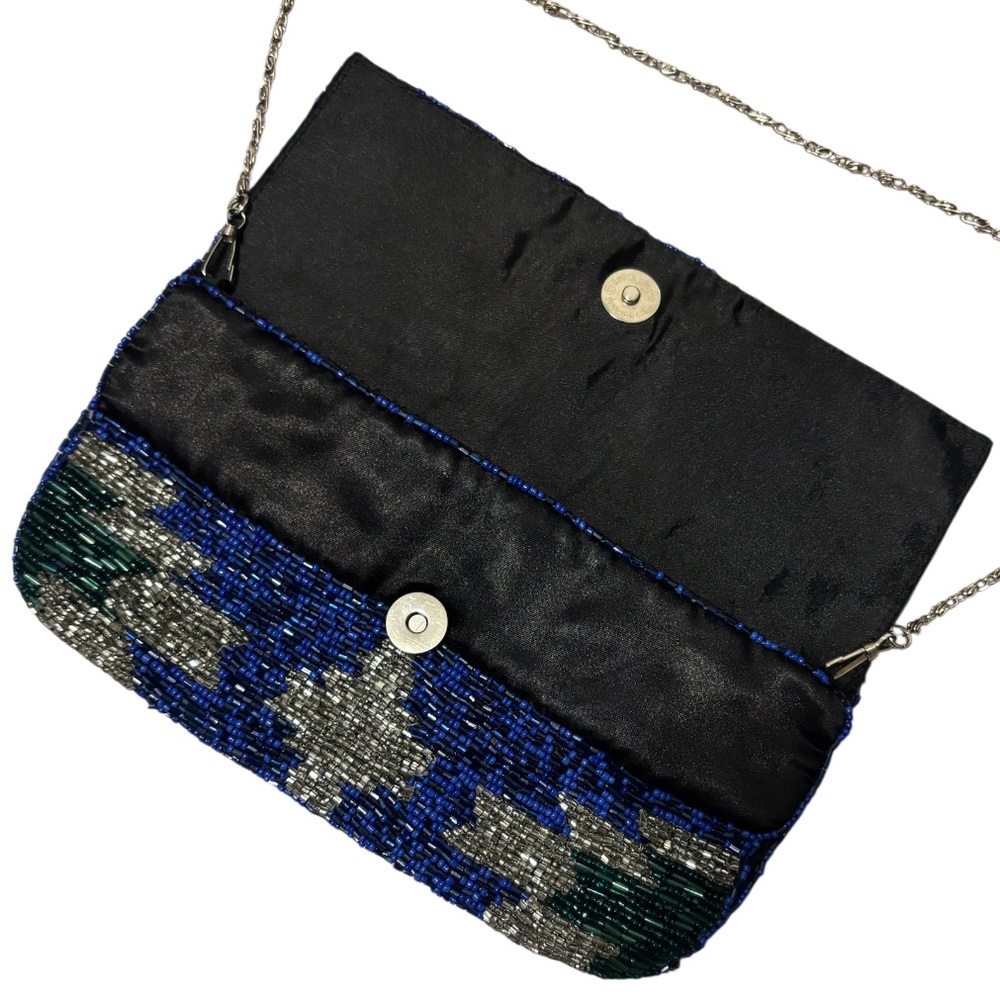 Vintage Beaded Clutch Crossbody Purse Formal Bag Blue Green Metallic Silver - Picture 8 of 16